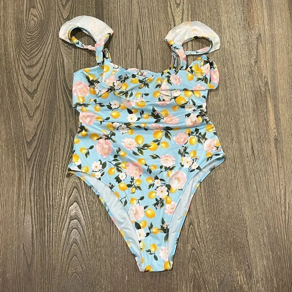 NWOT Victoria's Secret One-Piece Swimsuit Floral Lemon Cut-Out Back Blue Medium